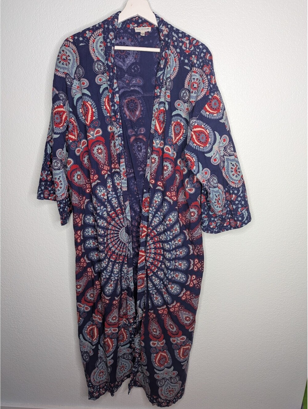 Earthbound Trading Co Paisley Open Front Kimono Duster Navy L/XL